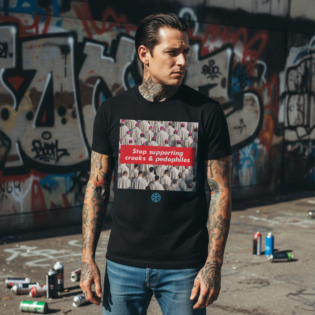 Black-Vatican Crooks Tee from B.Different Clothing, male model, graffiti-inspired streetwear t-shirt