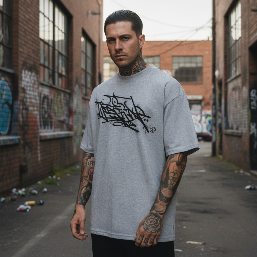Gray-Weirdo Graffiti Tag Tee by Shew from B.Different Clothing, male model, graffiti-inspired streetwear, oversized heavyweight t-shirt