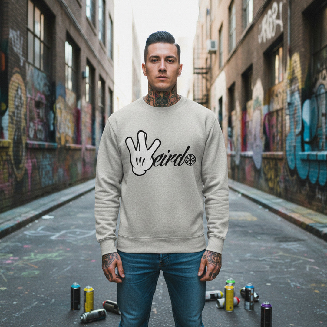 Gray-Weirdo Hand Sign Sweatshirt from B.Different Clothing, male model, graffiti-inspired streetwear
