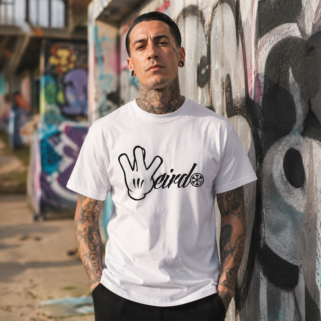 White-Weirdo Hand Sign Tee from B.Different Clothing, male model, graffiti-inspired streetwear t-shirt