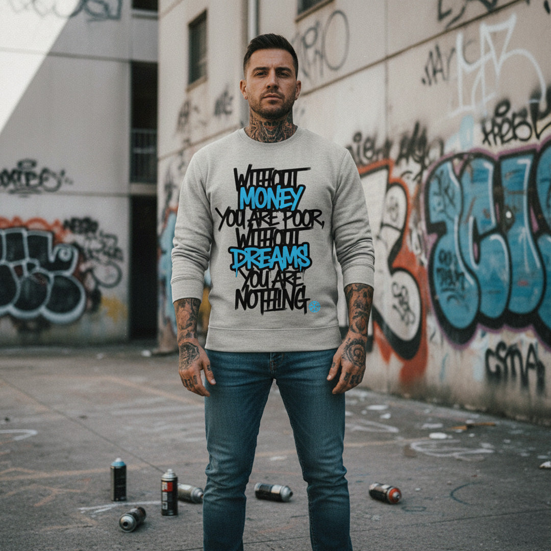 Gray-Without Dreams You Are Nothing Graffiti Sweatshirt from B.Different Clothing, male model, graffiti-inspired streetwear