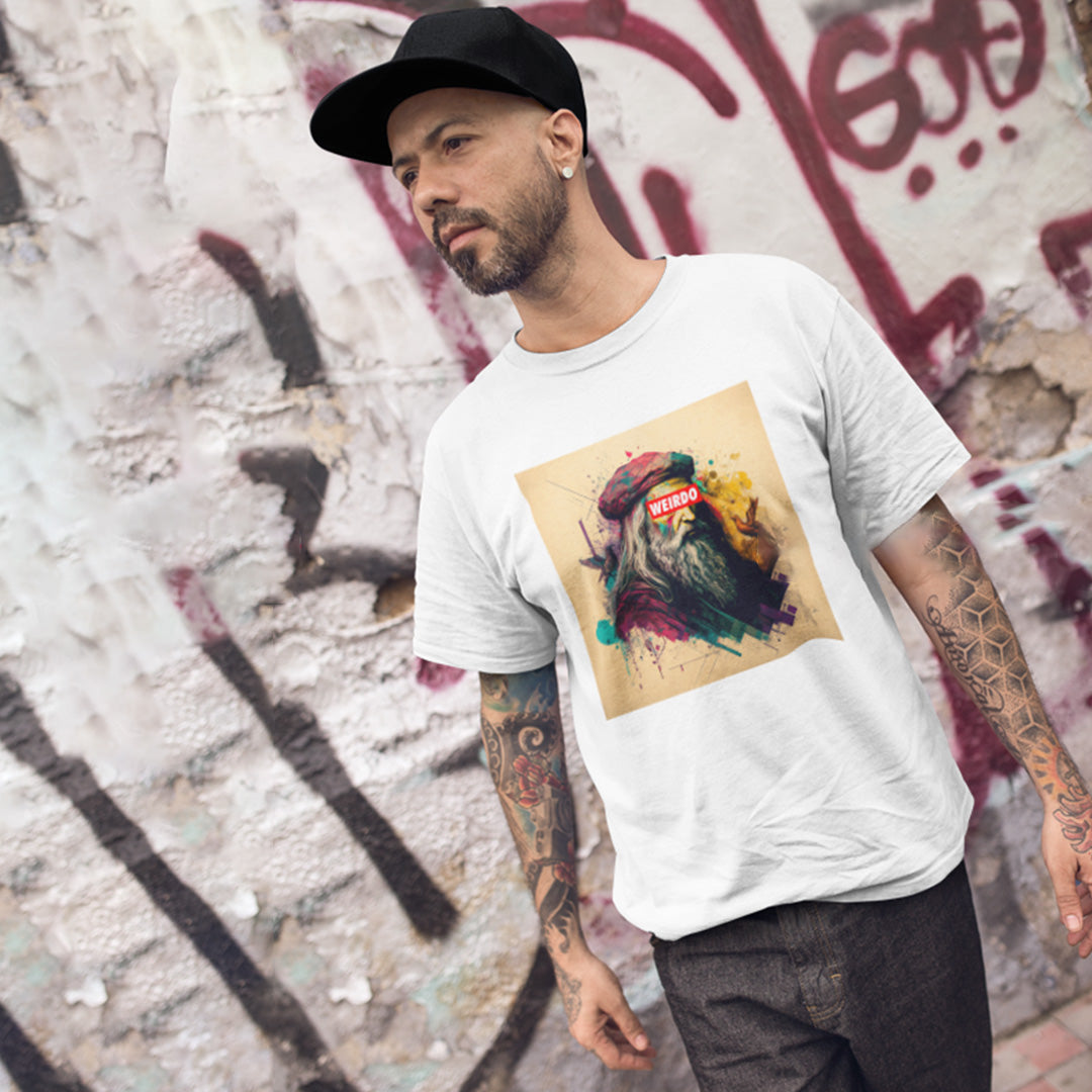 man wearing t-shirt Leonardo tee white by B.Different Clothing independent streetwear brand inspired by street art graffiti