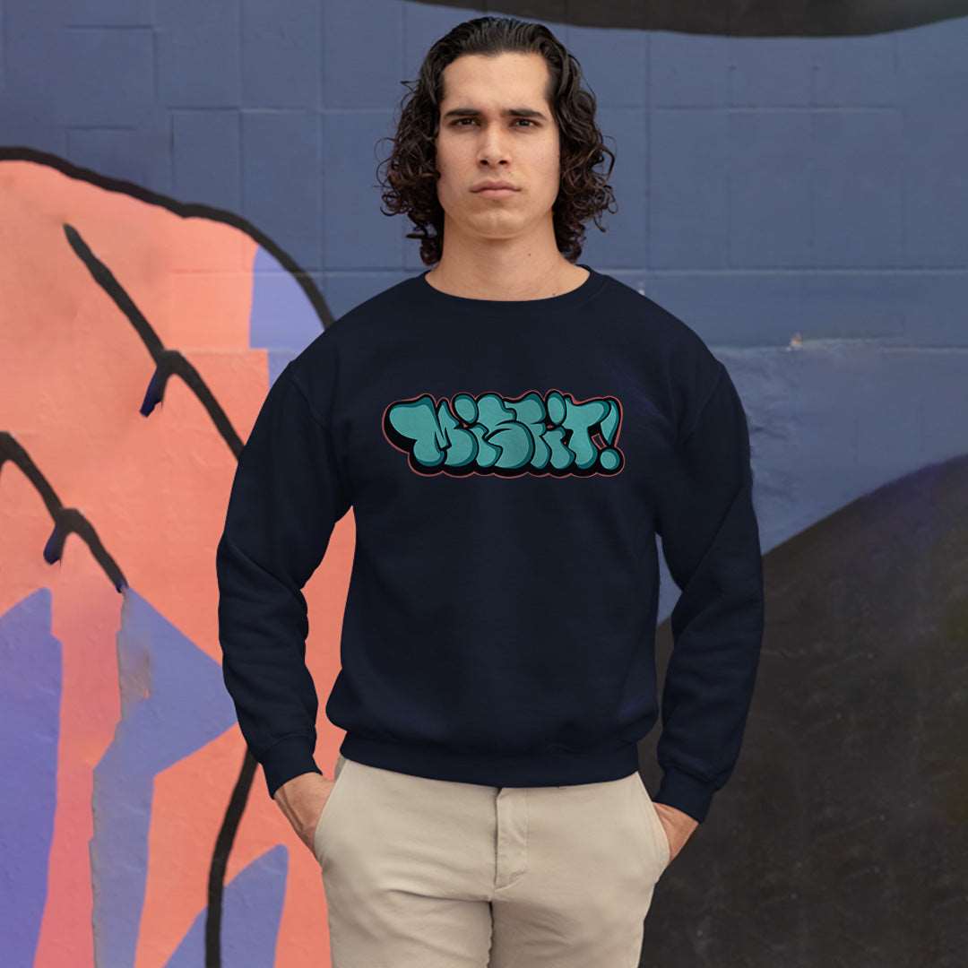 man wearing Misfit throwie sweatshirt navy  by B.Different Clothing street art graffiti inspired streetwear brand