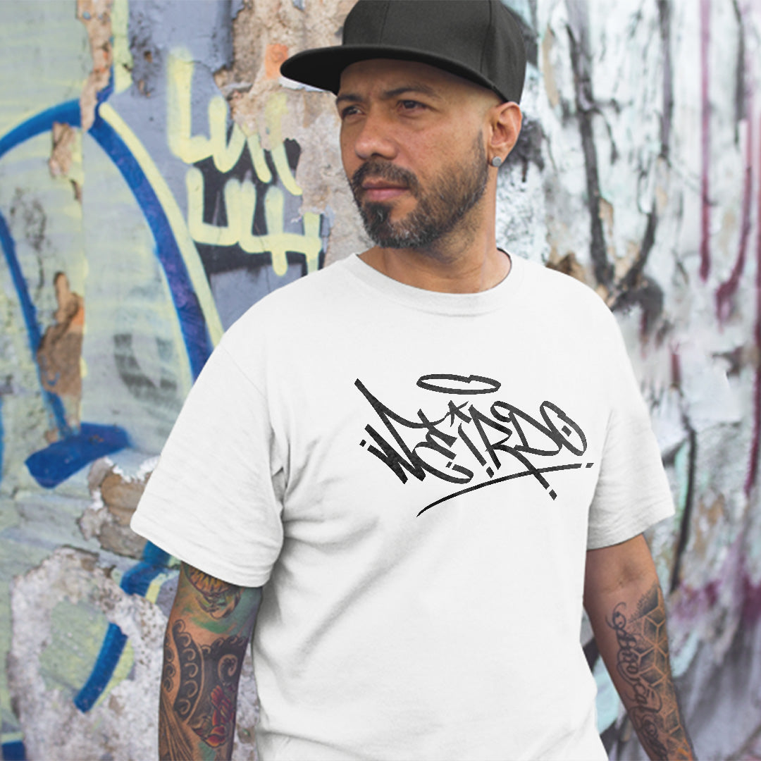 man wearing Weirdo Tag Tee white by B.Different Clothing street art graffiti inspired brand for weirdos, outsiders, and misfits.