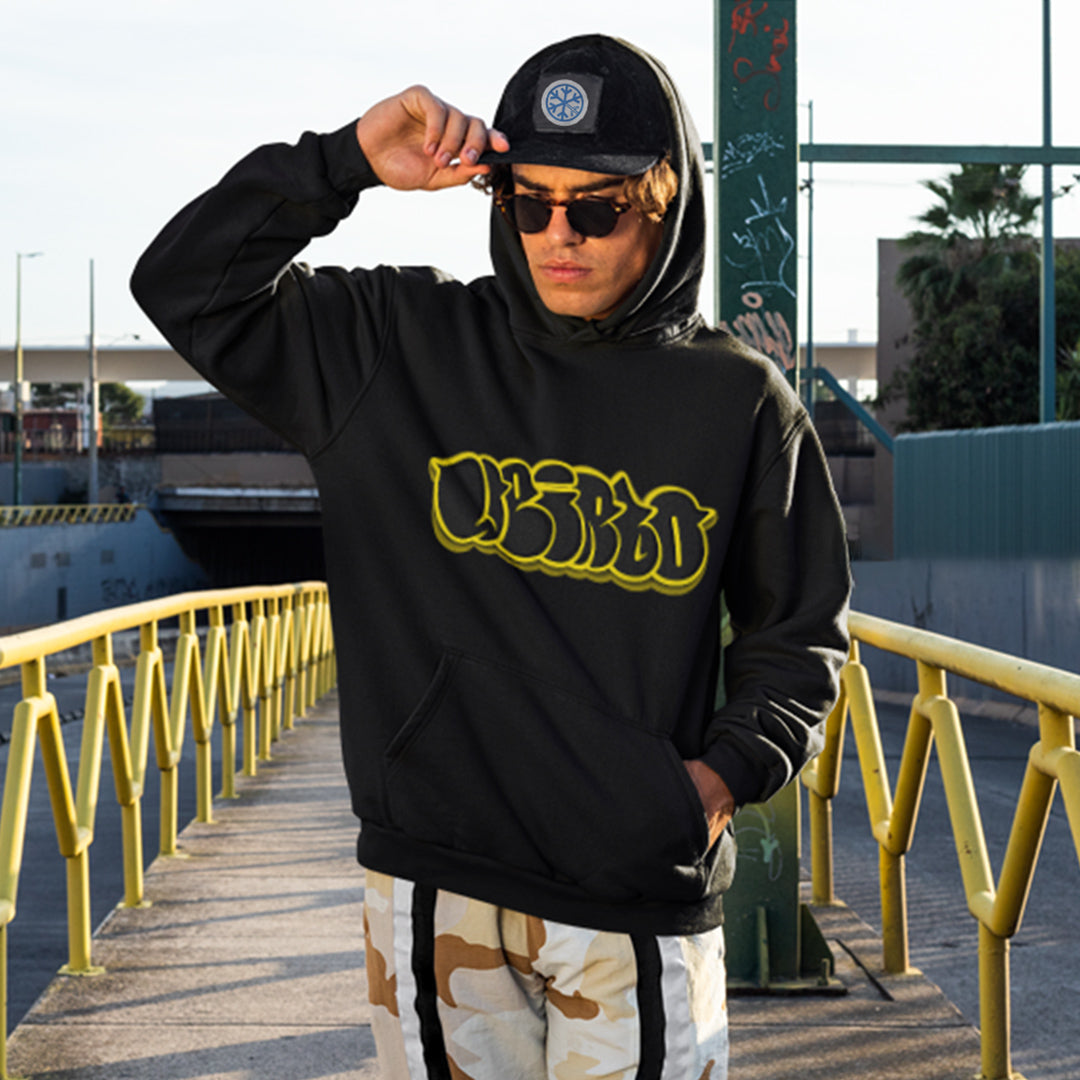 man wearing Weirdo Throwie Hoodie by B.Different Clothing street art graffiti inspired streetwear brand