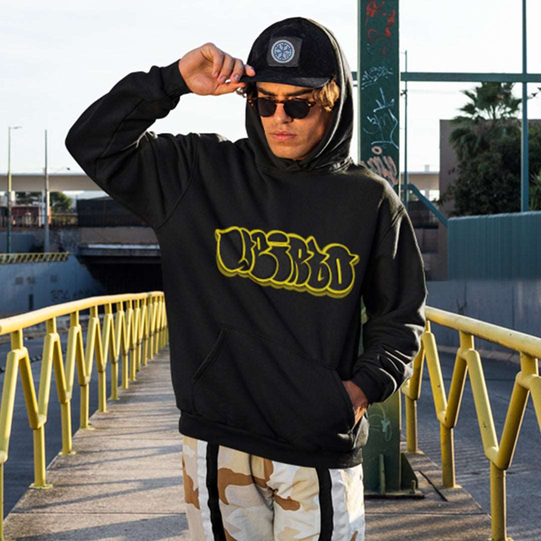 man wearing Weirdo Throwie Hoodie black by B.Different Clothing street art graffiti inspired streetwear brand