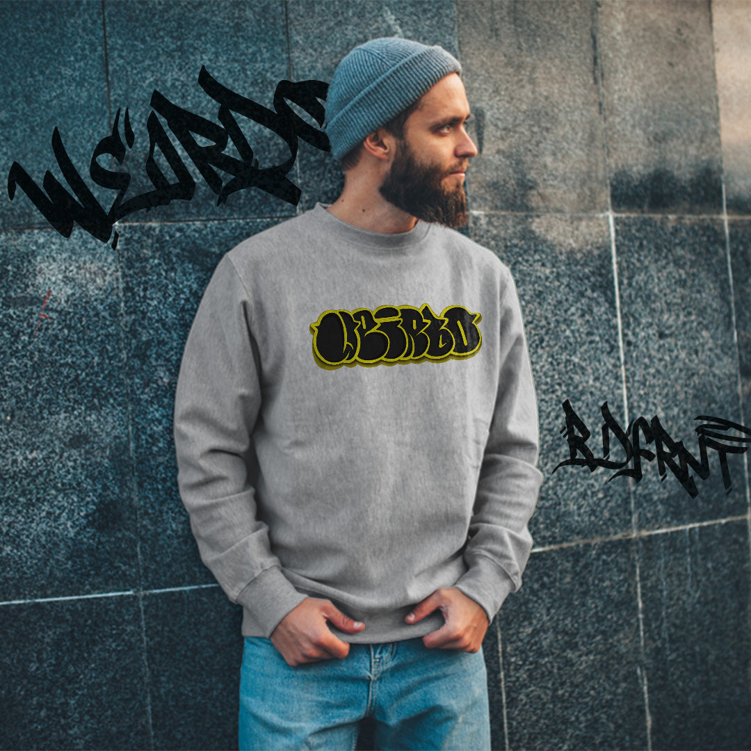 man wearing Weirdo Throwie Sweatshirt by B.Different Clothing street art graffiti inspired streetwear brand