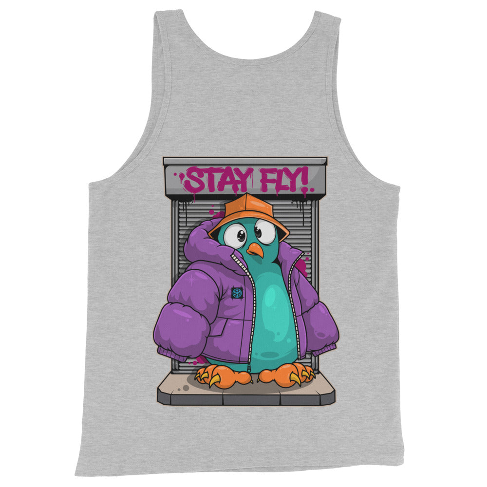 Gray-Stay Fly Graffiti Character Tank Top from B.Different Clothing, back view, graffiti-inspired streetwear