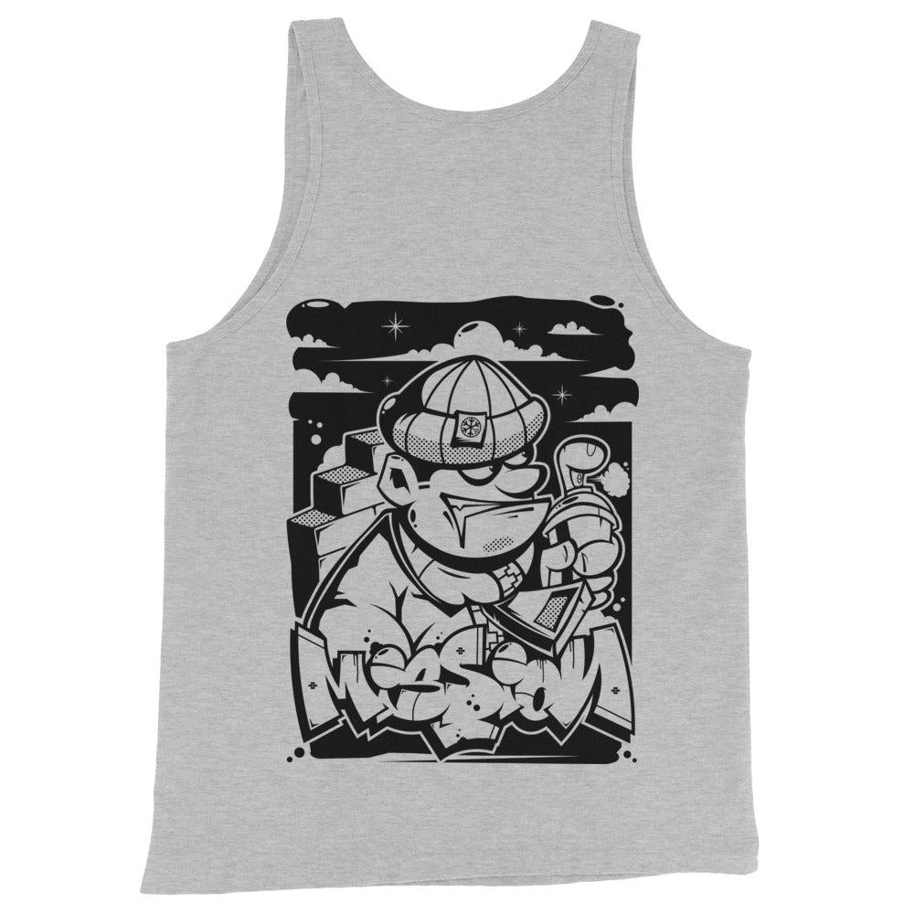 Gray-Mission Graffiti Character Tank Top from B.Different Clothing, back view, graffiti-inspired streetwear
