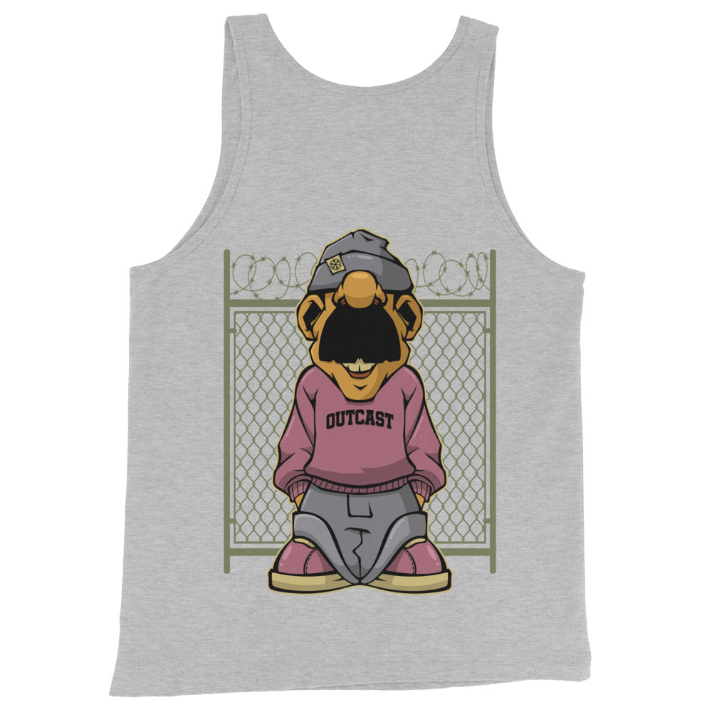 Gray-Outcast Graffiti Character Tank Top from B.Different Clothing, back view, graffiti-inspired streetwear