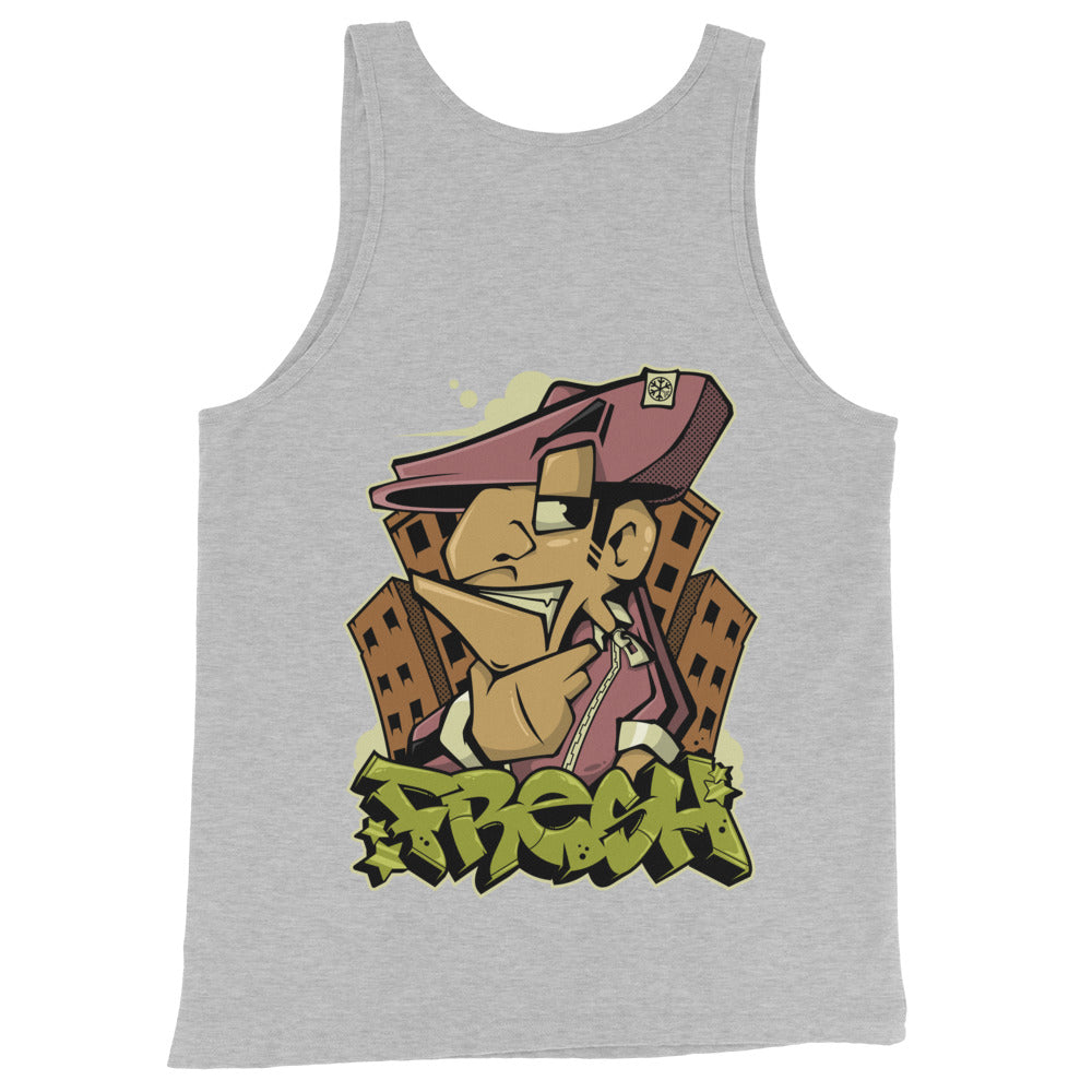 Gray-Fresh Graffiti Character Tank Top from B.Different Clothing, back view, graffiti-inspired streetwear