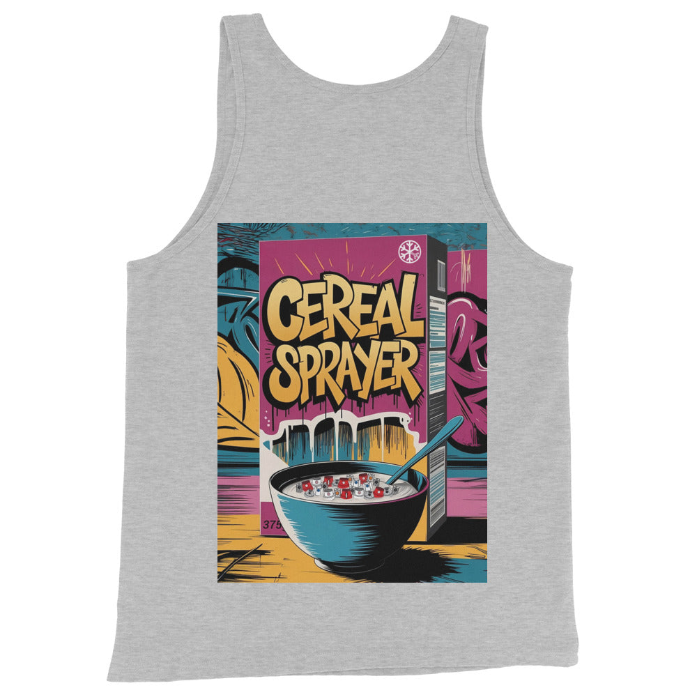 Gray-Cereal Sprayer Graffiti Tank Top from B.Different Clothing, back view, graffiti-inspired streetwear