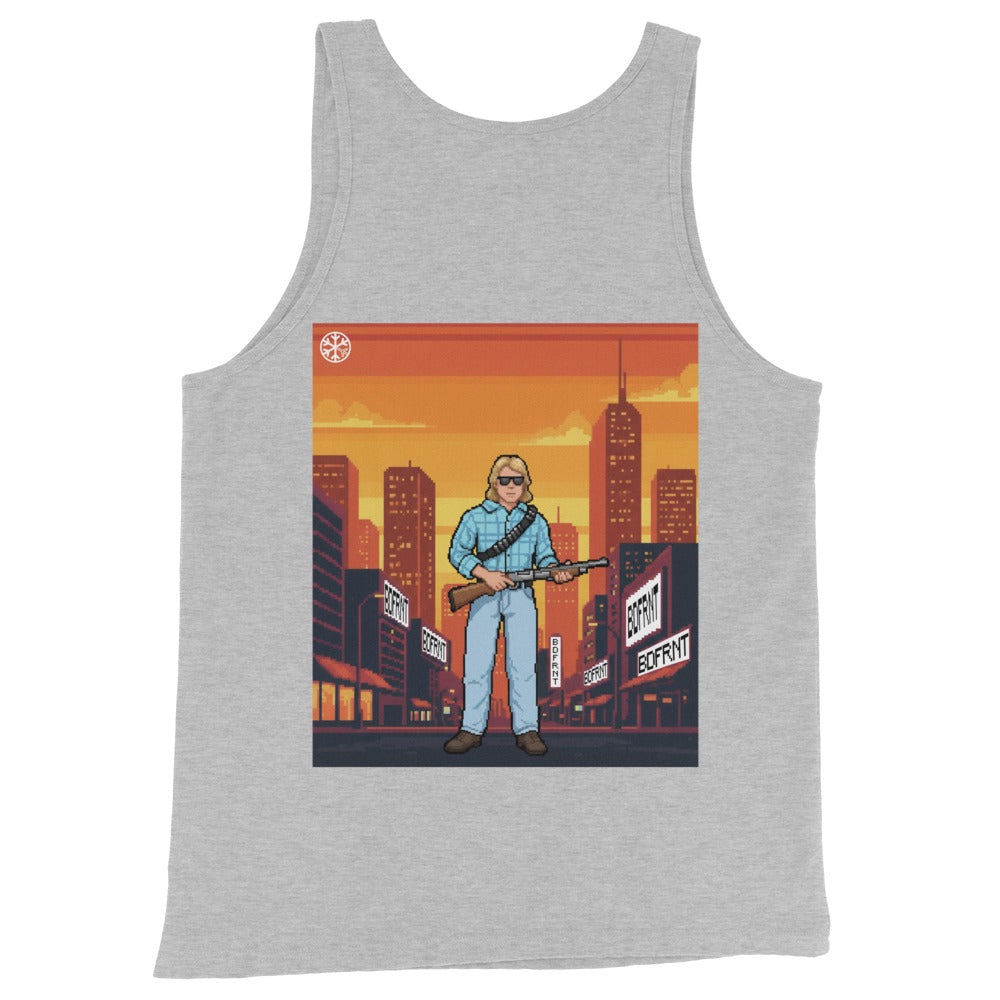 Gray-Pixel Disobey Tank Top from B.Different Clothing, back view, graffiti-inspired streetwear