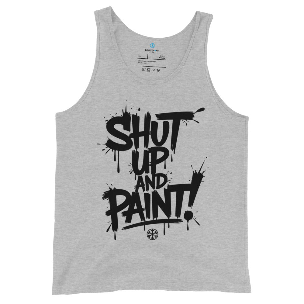 Gray-Shut Up and Paint Graffiti Tank Top from B.Different Clothing, front view, graffiti-inspired streetwear