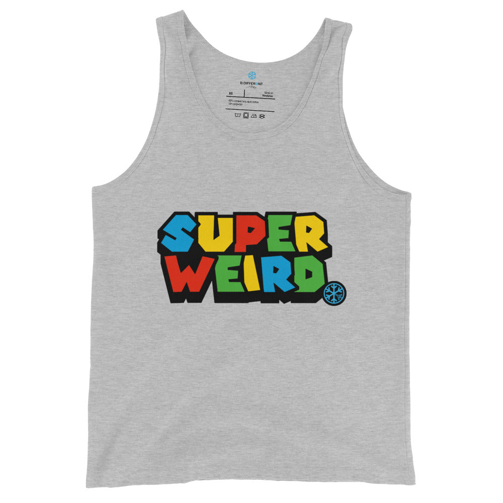 Gray-Super Weird Tank Top from B.Different Clothing, front view, graffiti-inspired streetwear