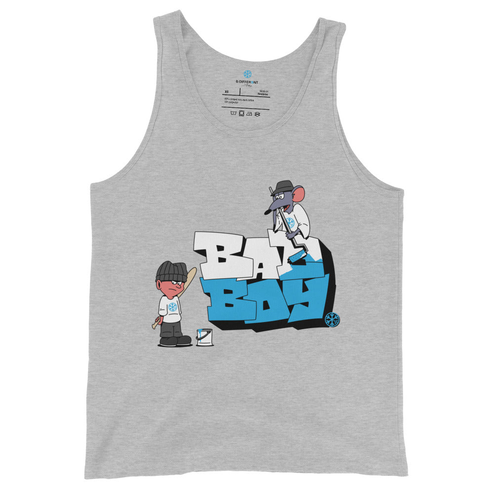 Gray-Bad Boy Graffiti Tank Top from B.Different Clothing, front view, graffiti-inspired streetwear