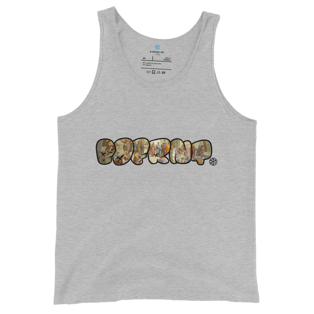 Gray-BDFRNT Throwie x School of Athens Graffiti Tank Top from B.Different Clothing, front view, graffiti-inspired streetwear