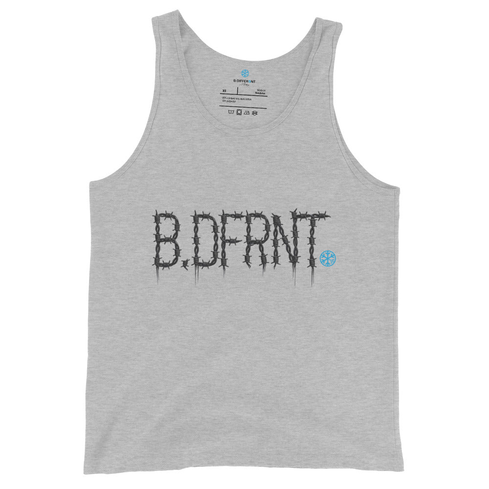 Gray-B.DFRNT Barbed Wire Tank Top from B.Different Clothing, front view, graffiti-inspired streetwear