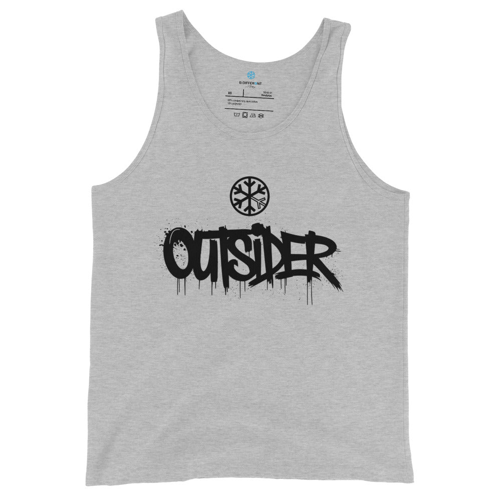 Gray-Outsider Graffiti Tag Tank Top from B.Different Clothing, front view, graffiti-inspired streetwear