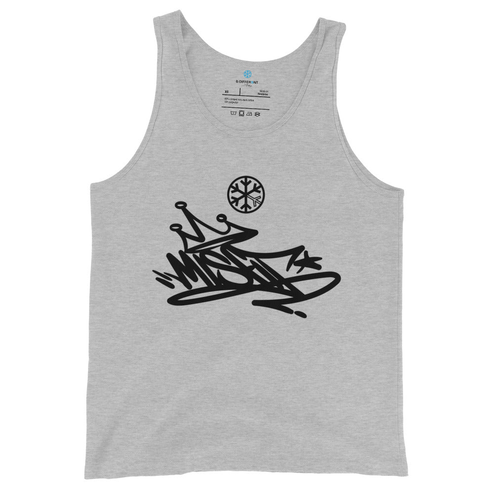 Gray-Misfit Graffiti Tag Tank Top from B.Different Clothing, front view, graffiti-inspired streetwear
