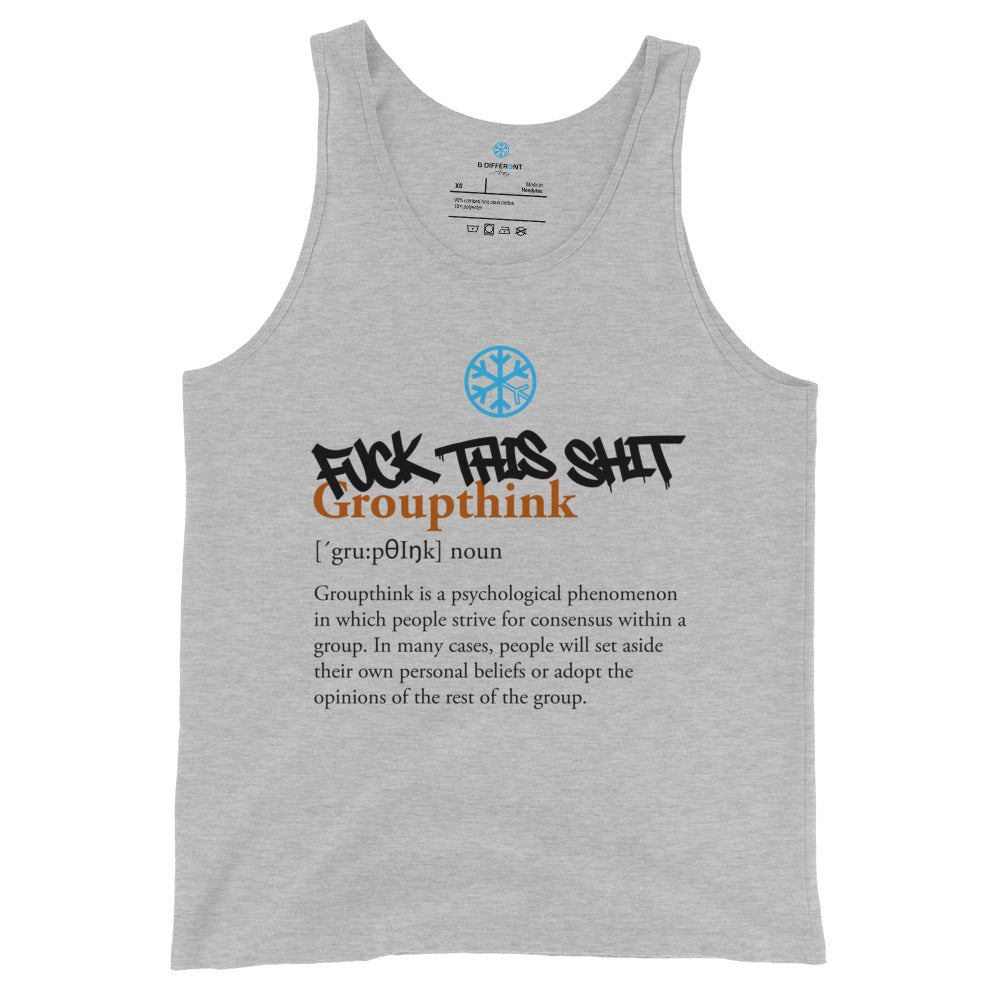 Gray-Groupthink Graffiti Tank Top from B.Different Clothing, front view, graffiti-inspired streetwear