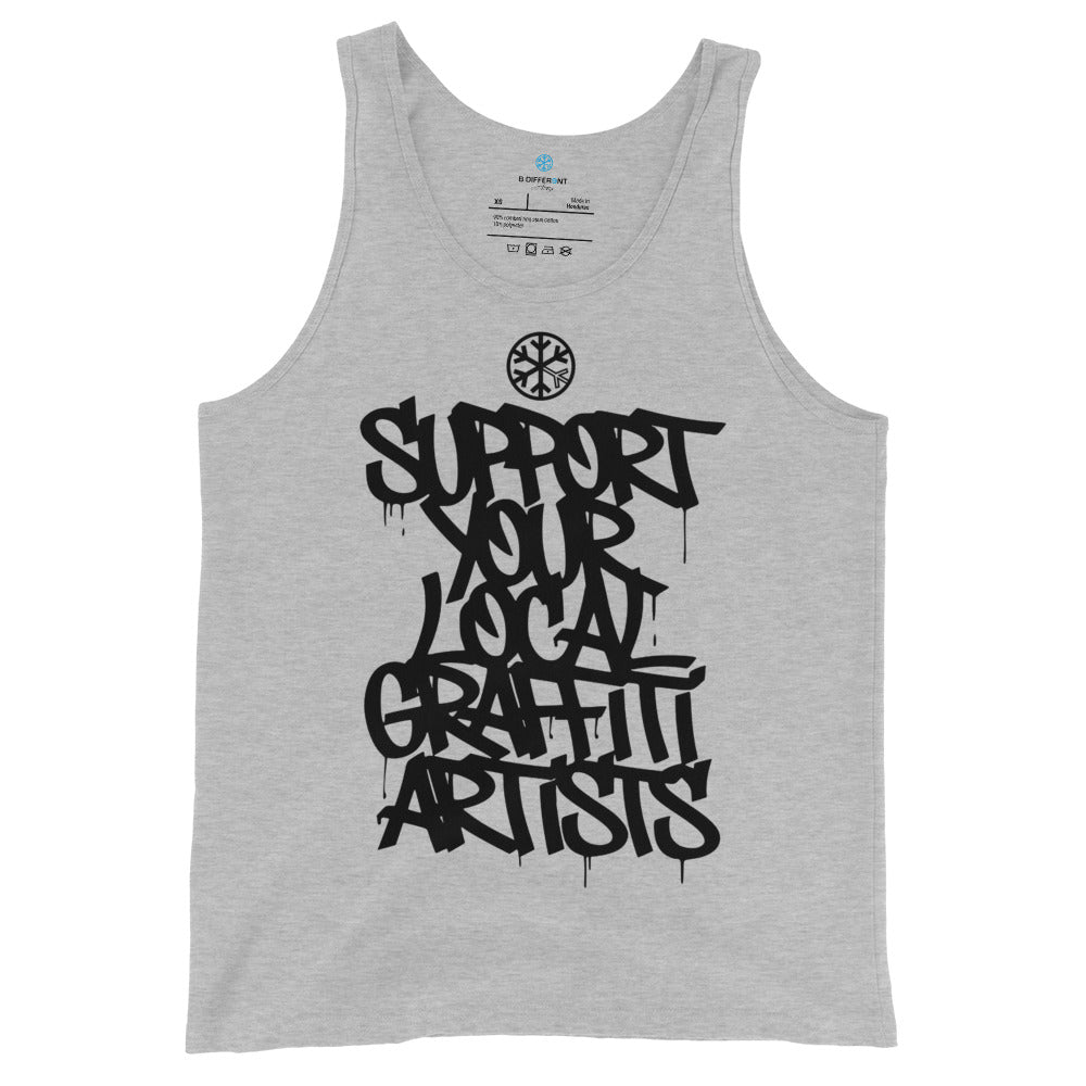 Gray-Support Your Local Graffiti Artists Tank Top from B.Different Clothing, front view, graffiti-inspired streetwear