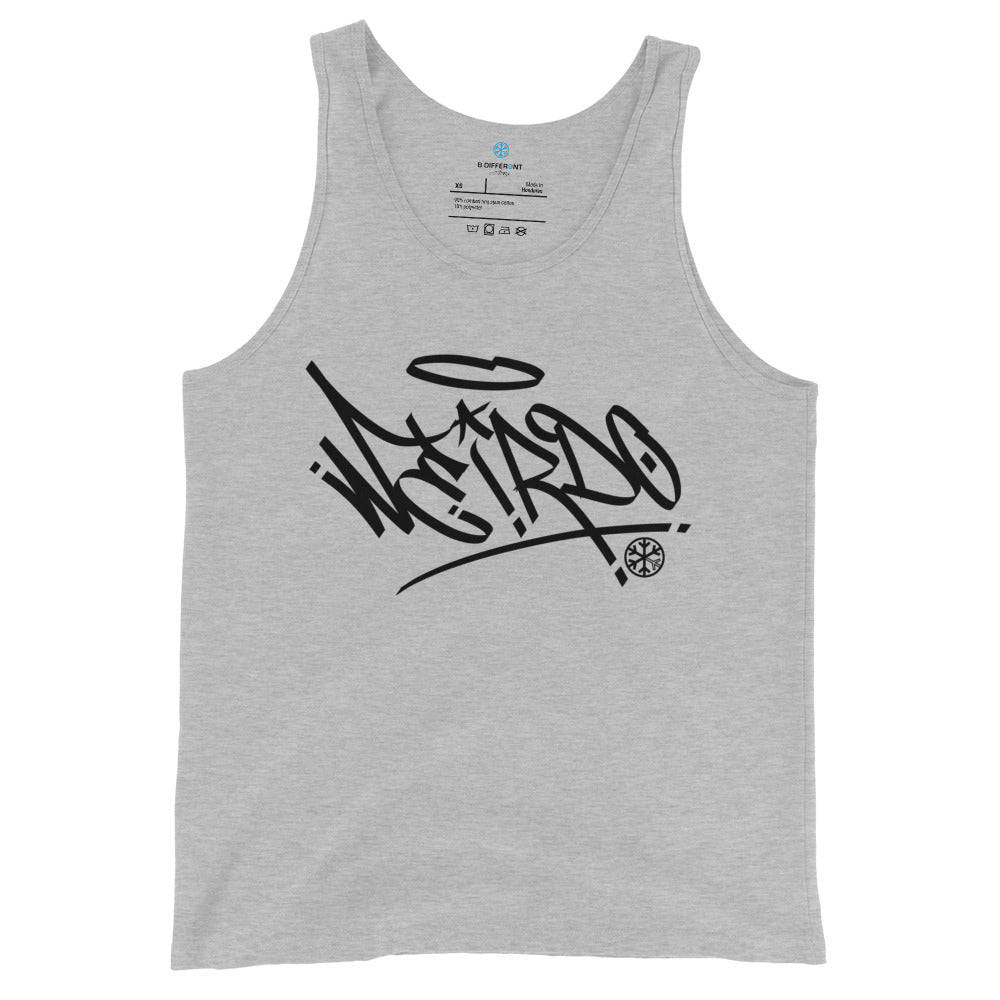 Gray-Weirdo Tag Graffiti Tank Top from B.Different Clothing, front view, graffiti-inspired streetwear
