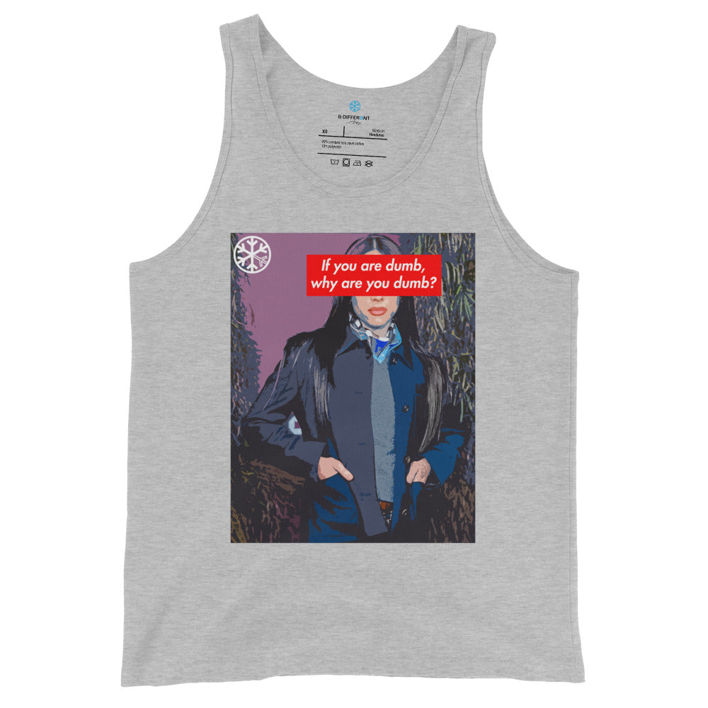 Gray-Why Are You Dumb Tank Top from B.Different Clothing, front view, graffiti-inspired streetwear mockup