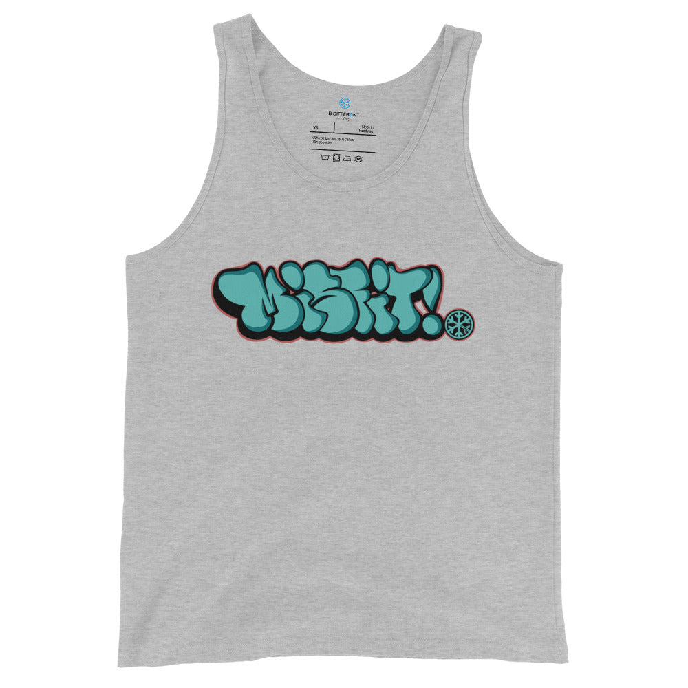 Gray-Misfit Graffiti Throwie Tank Top from B.Different Clothing, front view, graffiti-inspired streetwear