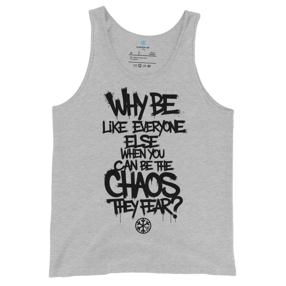 Gray-Chaos They Fear Graffiti Tag Tank Top from B.Different Clothing, front view, graffiti-inspired streetwear