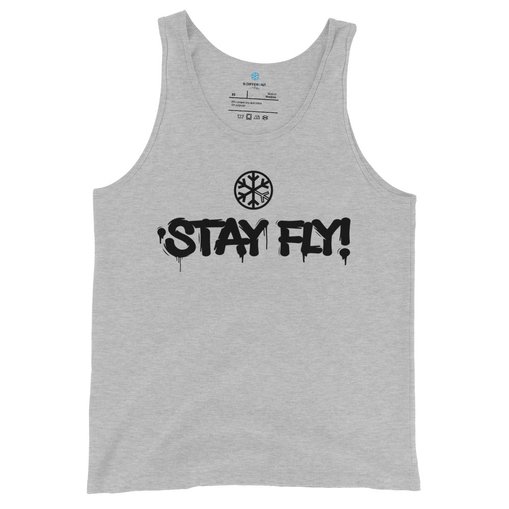 Gray-Stay Fly Graffiti Tag Tank Top from B.Different Clothing, front view, graffiti-inspired streetwear