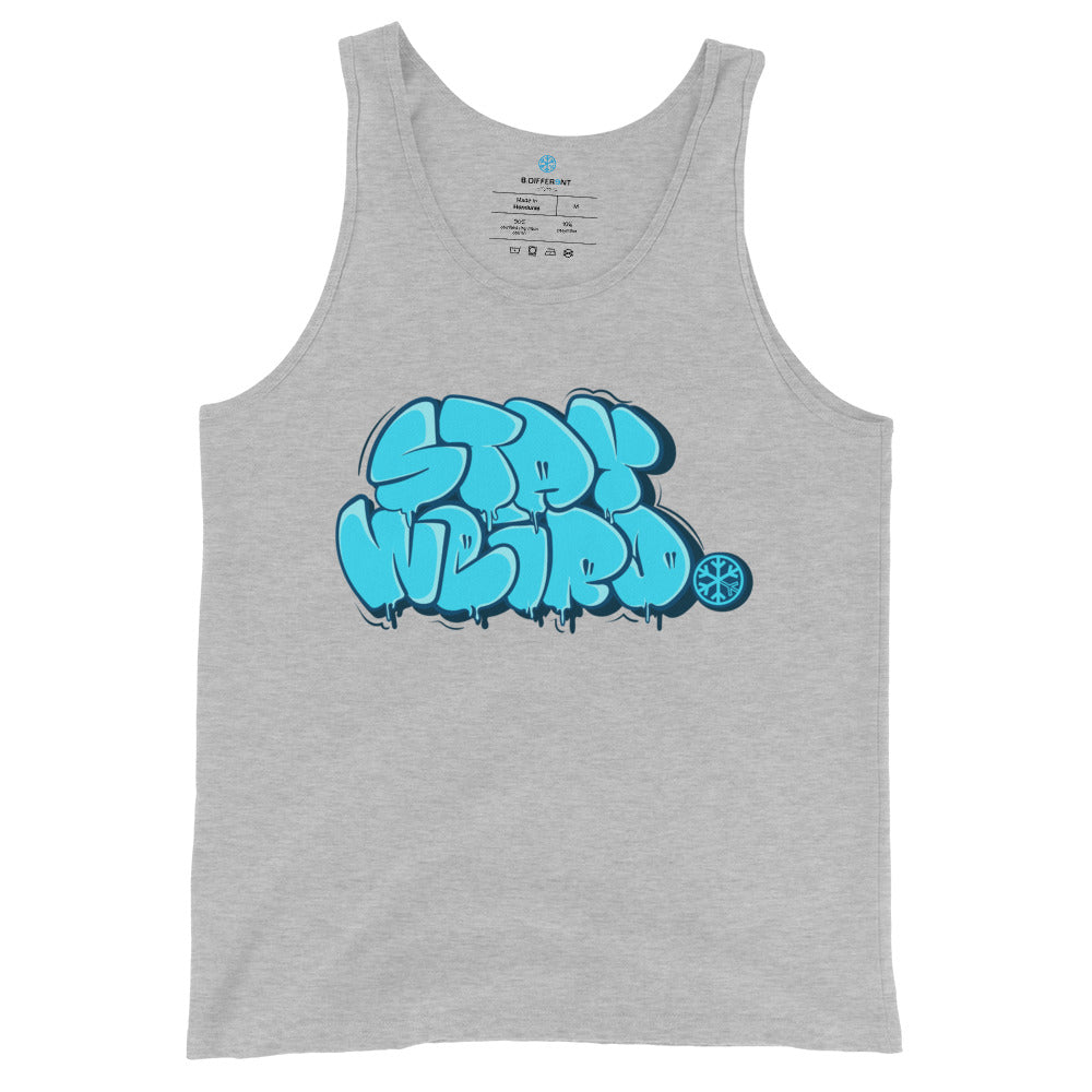 Gray-Stay Weird Graffiti Throw-up Tank Top from B.Different Clothing, front view, graffiti-inspired streetwear