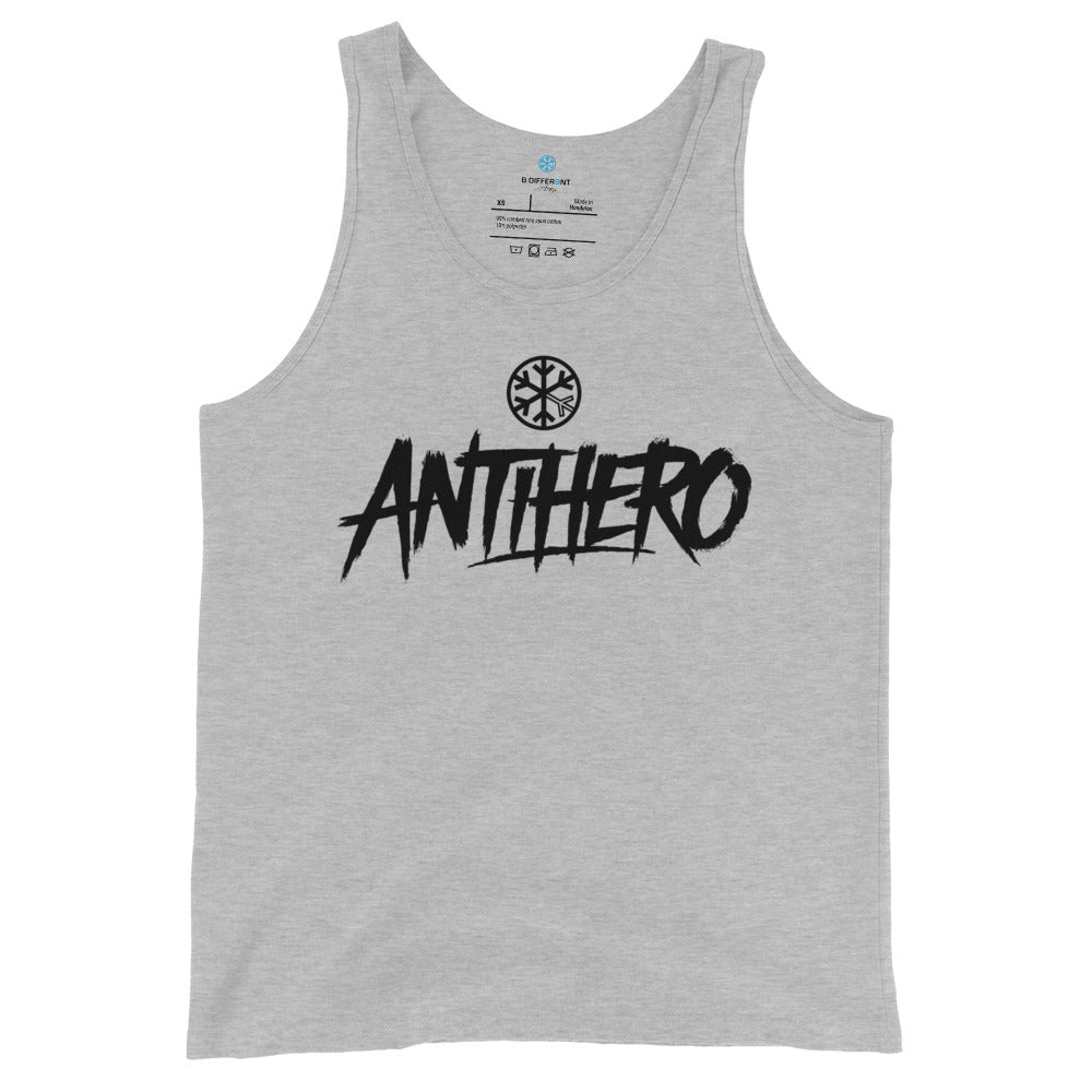 Gray-Antihero Graffiti Tag Tank Top from B.Different Clothing, front view, graffiti-inspired streetwear