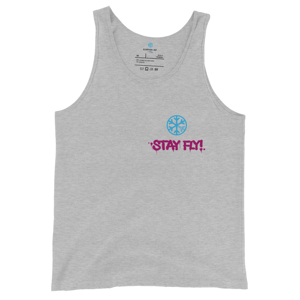 Gray-Stay Fly Graffiti Character Tank Top from B.Different Clothing, front view, graffiti-inspired streetwear