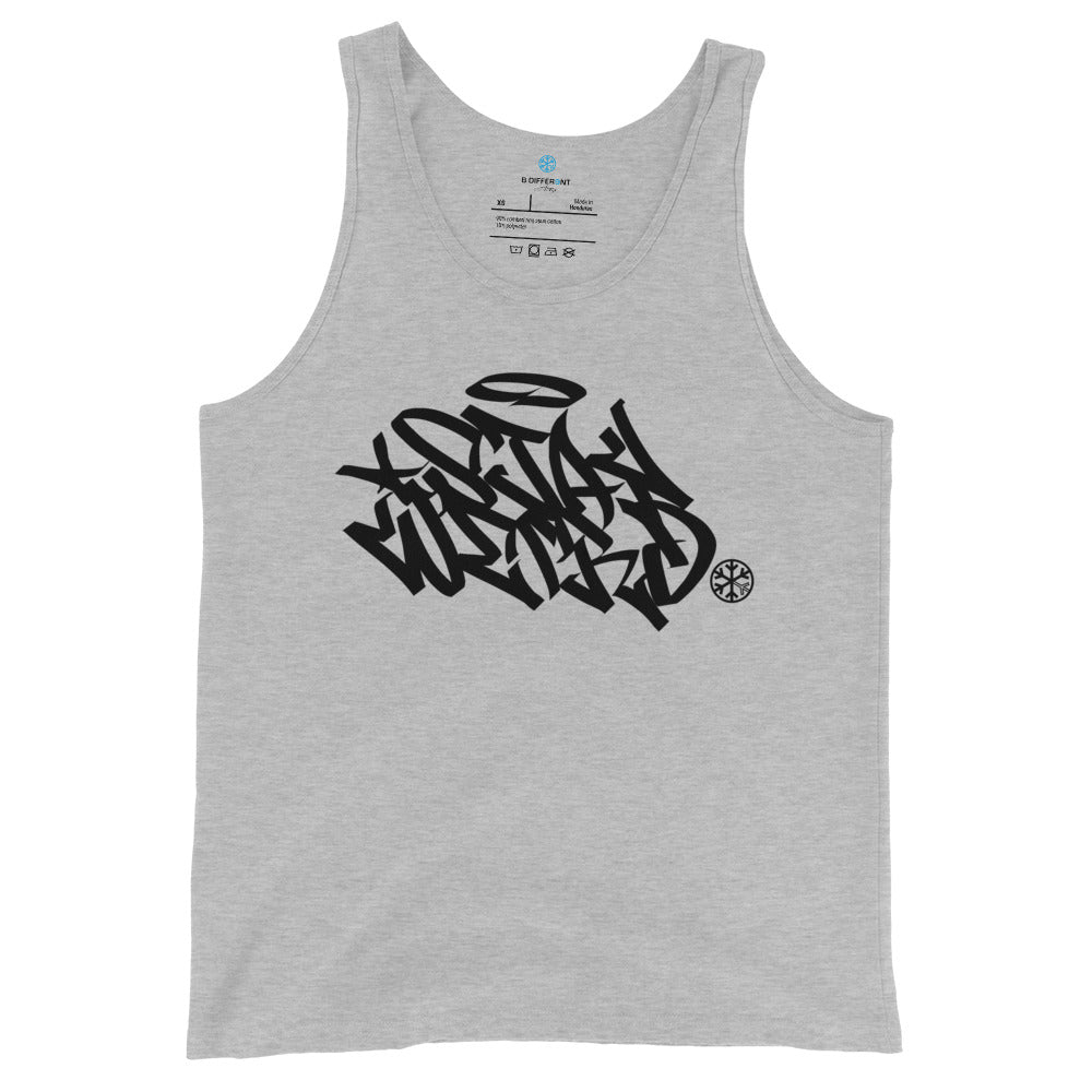 Gray-Stay Weird Graffiti Tag Tank Top from B.Different Clothing, front view, graffiti-inspired streetwear