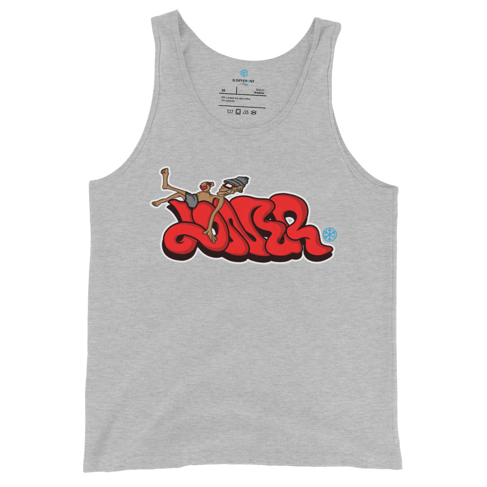 Gray-Loner Graffiti Piece Tank Top from B.Different Clothing, front view, graffiti-inspired streetwear
