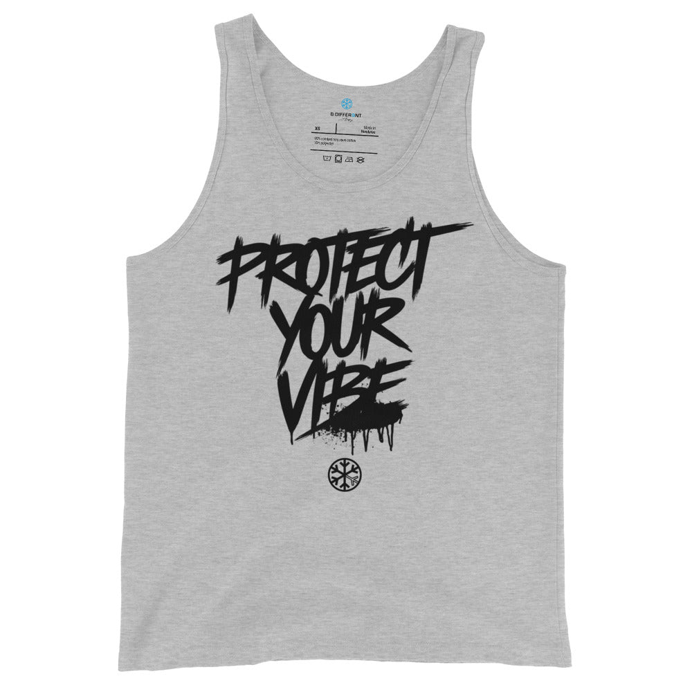 Gray-Protect Your Vibe Graffiti Tag Tank Top from B.Different Clothing, front view, graffiti-inspired streetwear