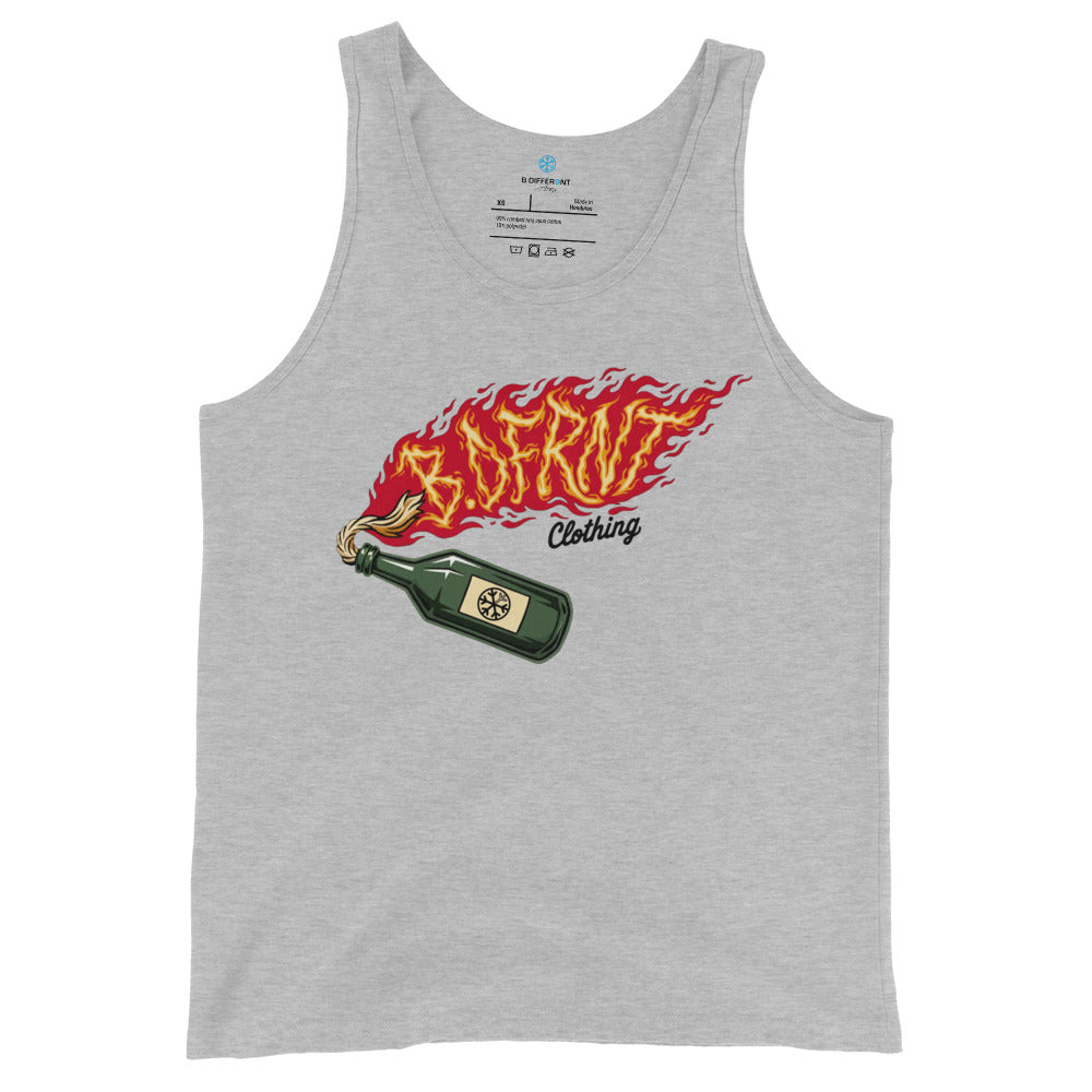 Gray-Molotov Graffiti Tank Top from B.Different Clothing, front view, graffiti-inspired streetwear