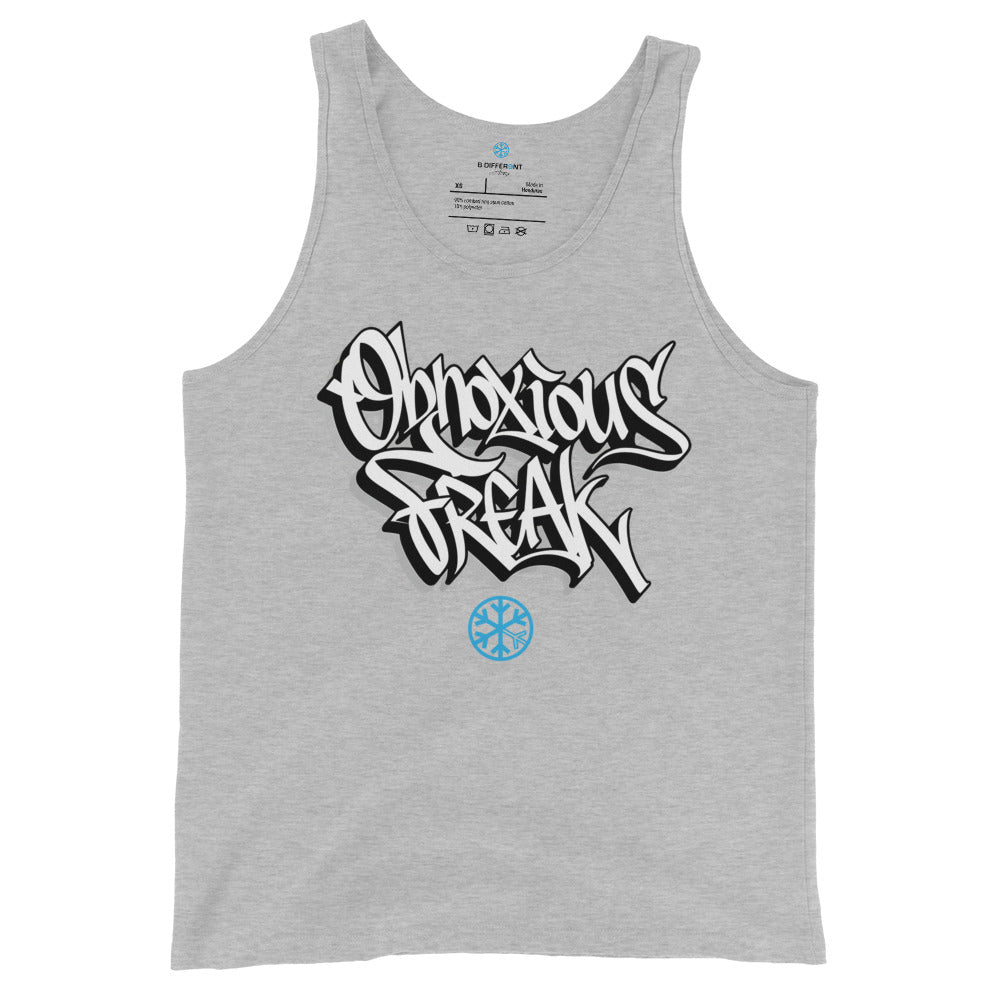 Gray-Obnoxious Freak Graffiti Tank Top from B.Different Clothing, front view, graffiti-inspired streetwear