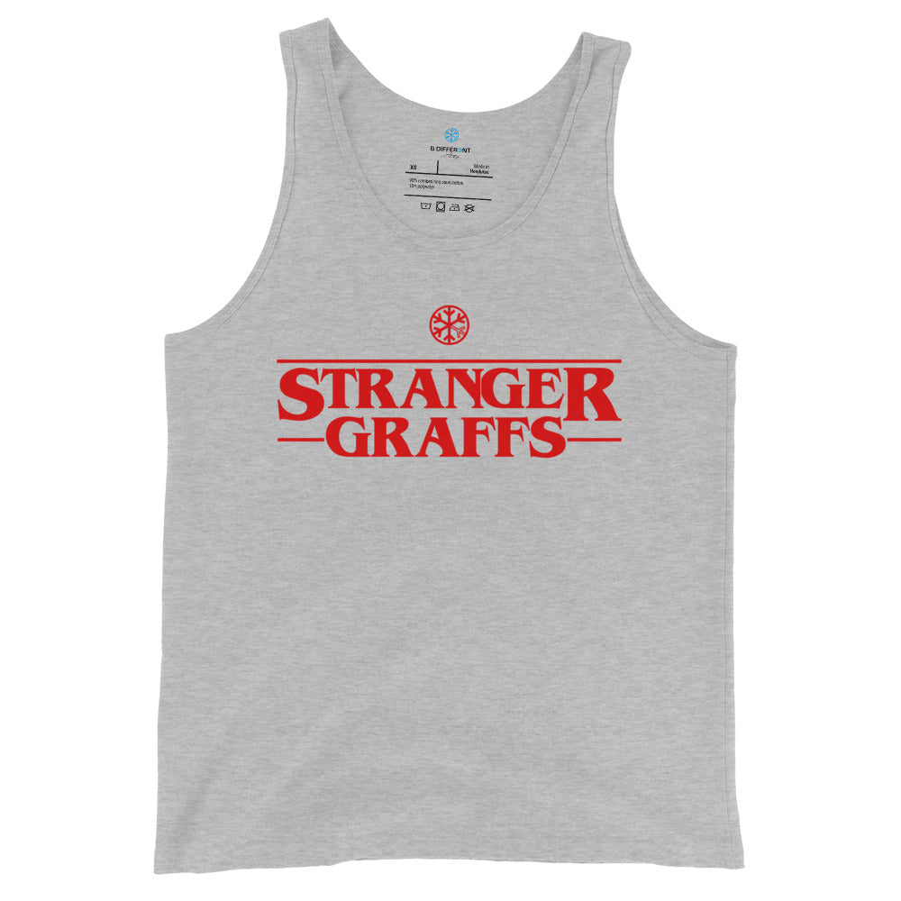 Gray-Stranger Graffs Tank Top from B.Different Clothing, front view, graffiti-inspired streetwear