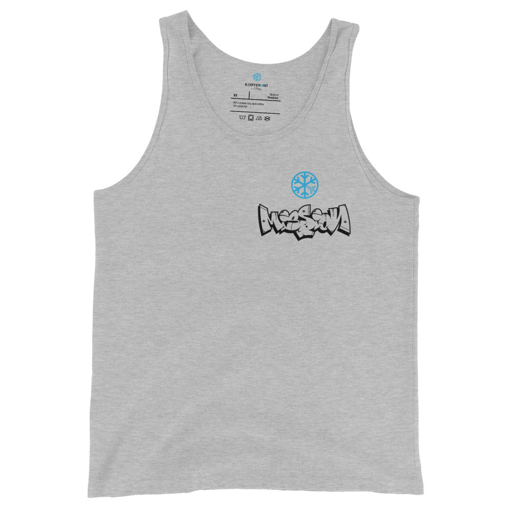 Gray-Mission Graffiti Character Tank Top from B.Different Clothing, front view, graffiti-inspired streetwear