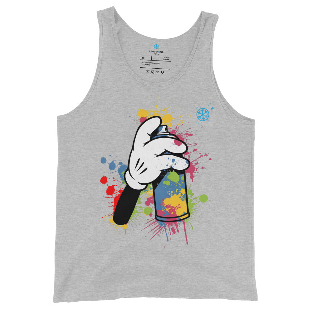Gray-Hand Spray Can Graffiti Tank Top from B.Different Clothing, front view, graffiti-inspired streetwear