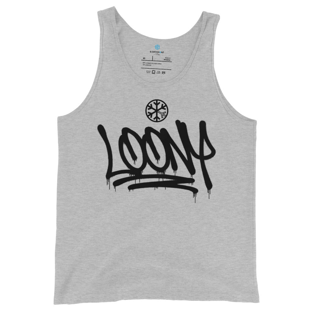 Gray-Loony Graffiti Tag Tank Top from B.Different Clothing, front view, graffiti-inspired streetwear