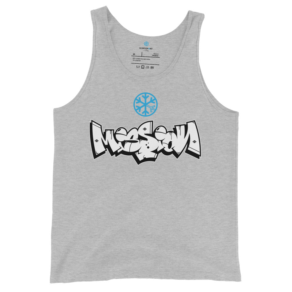 Gray-Mission Graffiti Piece Tank Top from B.Different Clothing, front view, graffiti-inspired streetwear