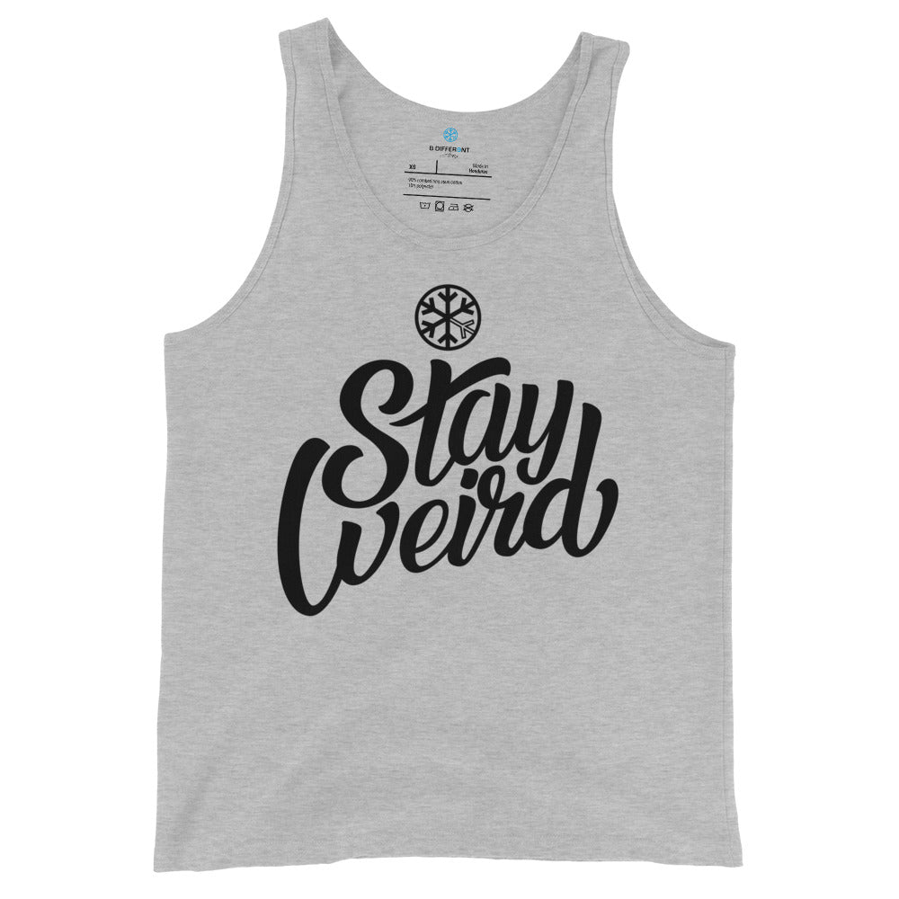 Gray-Stay Weird Tank Top from B.Different Clothing, front view, graffiti-inspired streetwear