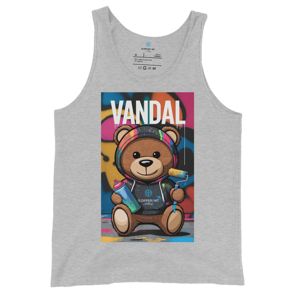 Gray-Vandal Teddy Bear Graffiti Tank Top from B.Different Clothing, front view, graffiti-inspired streetwear
