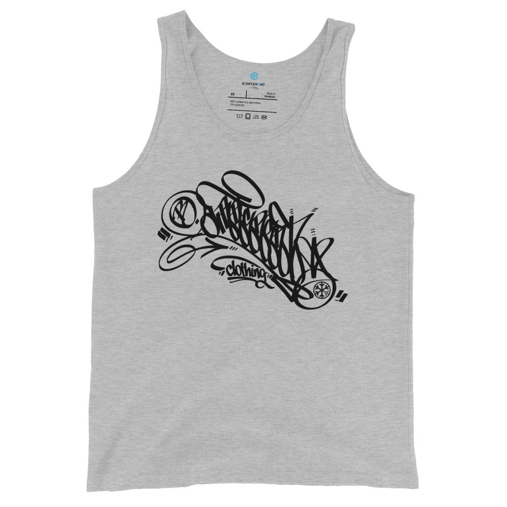 Gray-B.Different Clothing Graffiti Tag Tank Top from B.Different Clothing, front view, graffiti-inspired streetwear