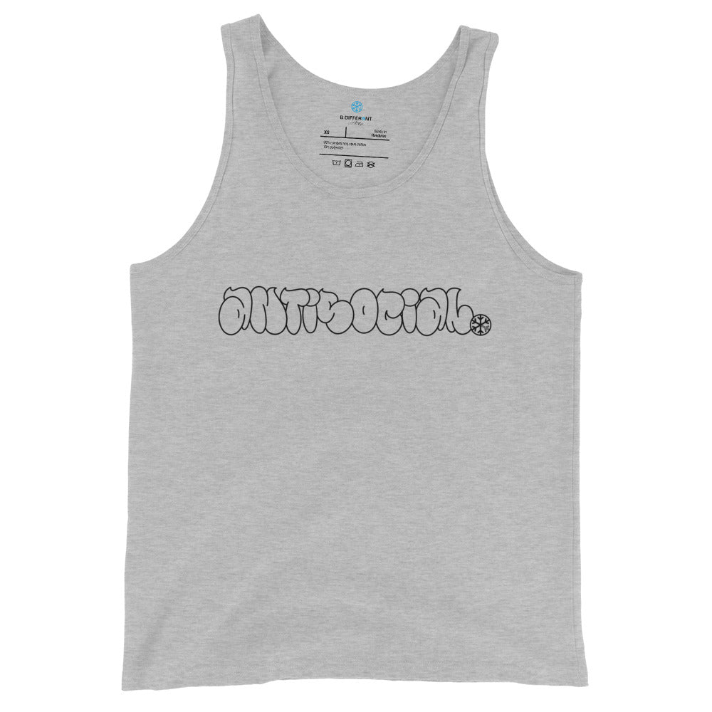 Gray-Antisocial Graffiti Hollow Tank Top from B.Different Clothing, front view, graffiti-inspired streetwear