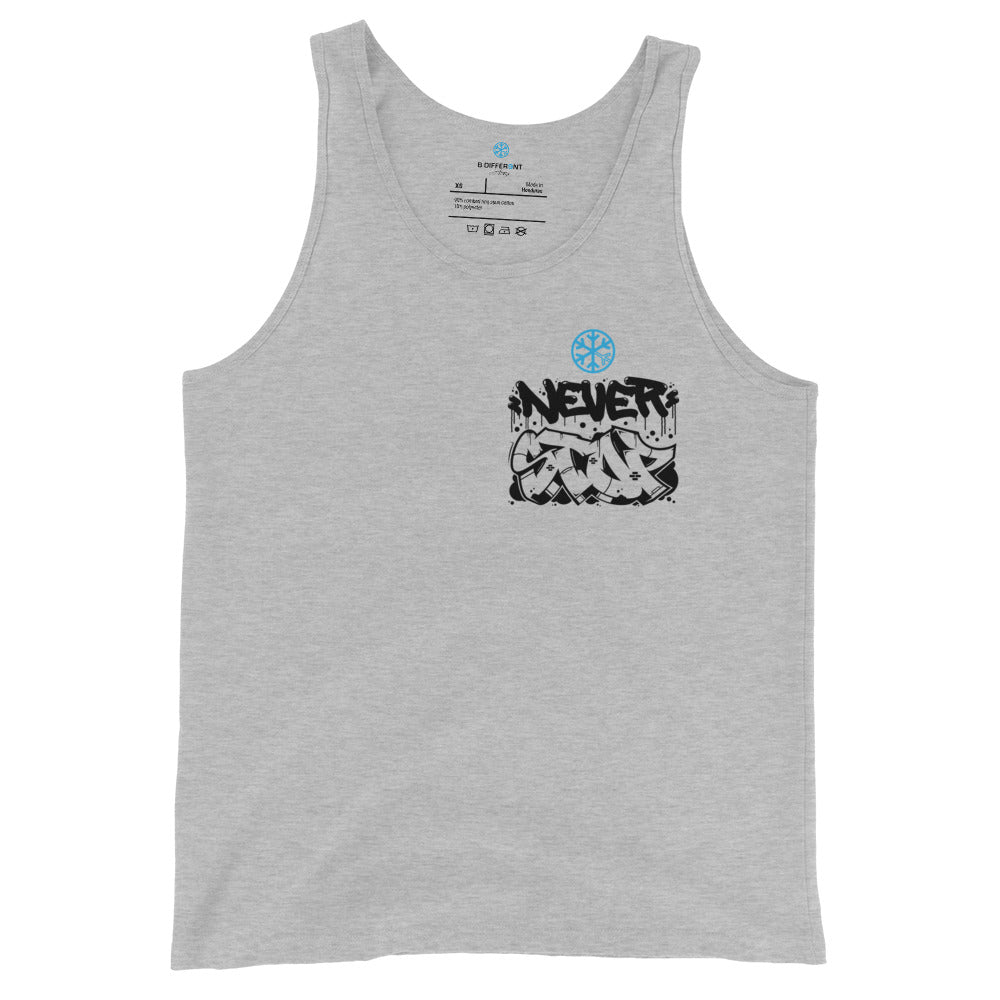 Gray-Never Stop Graffiti Character Tank Top from B.Different Clothing, back view, graffiti-inspired streetwear