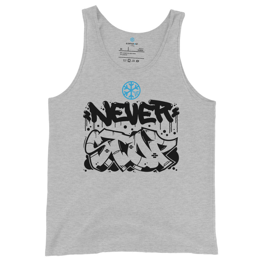 Gray-Never Stop Graffiti Piece Tank Top from B.Different Clothing, front view, graffiti-inspired streetwear